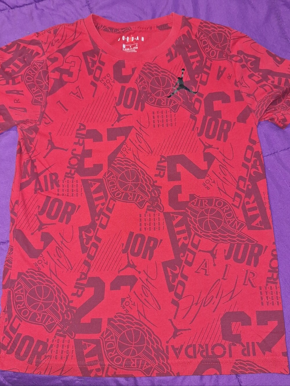 Boys Jordan Red All-Over Logo Graphic Tee Size L Or 12/13
